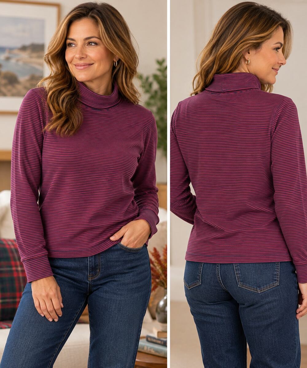 L.L.Bean Turtleneck Top L Petite Berry Navy Micro Stripe Cotton Preppy
